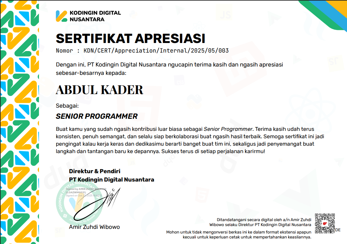 Senior Developer — PT Kodingin Digital Nusantara